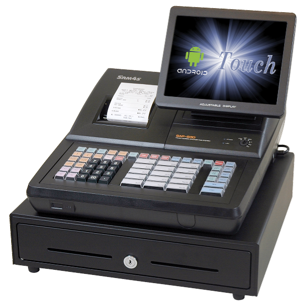 SAM4s SAP-630II RT raised keyboard Android POS terminal with printer cash drawer and customer display
