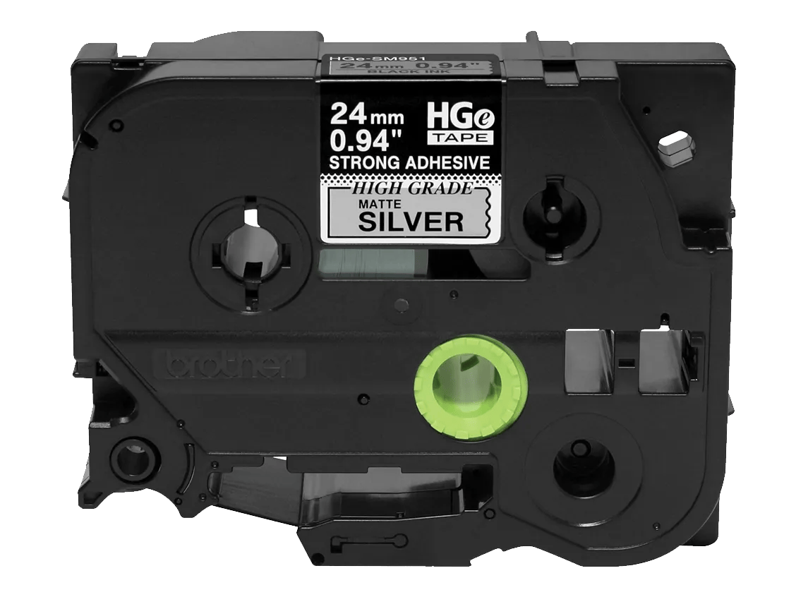 Brother Mobile 0.94 in X 26.2FT (24MM X 8M), Blk on Matte Silver Label, EXTRA-STRENGTH Adhesive, 5 Pack - HGES9515PK - official Brother Mobile product image