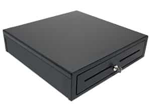 APG Minota black 16-inch cash drawer shown closed
