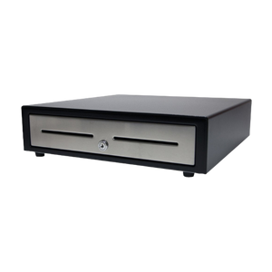 APG Vasario Series Cash Drawer 24V Black SS Front 16X16 Dual Media Slots Adjustable 5 Bill 8 Coin Till Req Cabl (VBS320-BL1616-B10)