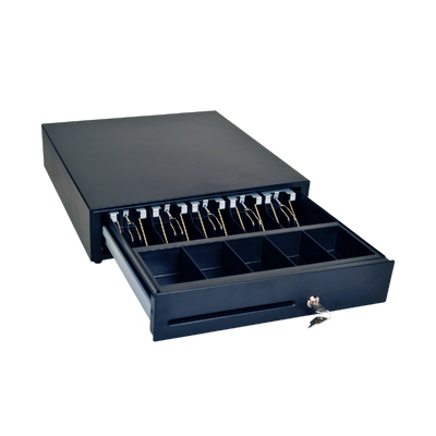 M-S Cash Drawer, Standard 8-Coin/5-Bill, 16x16, Black, Bottom Exit Cable, Printer Interface, Cable Included