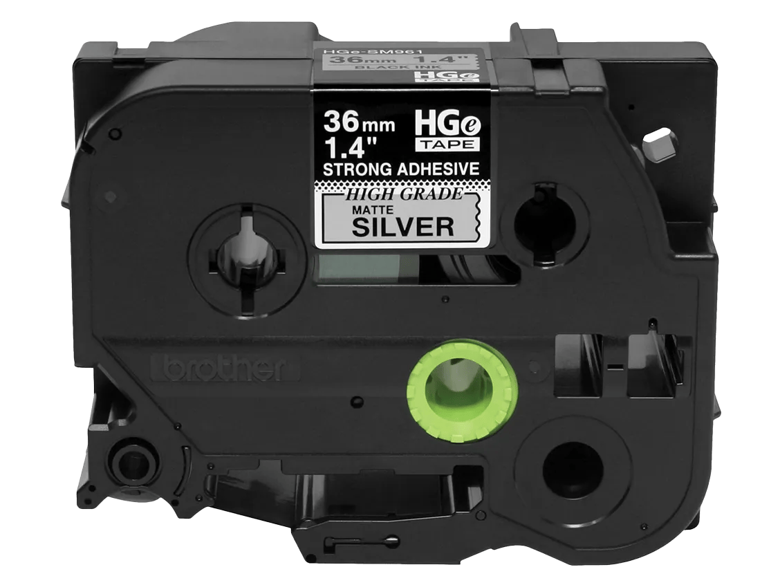 Brother Mobile 1.4 in X 26.2FT (36MM X 8M), Blk on Matte Silver Label, EXTRA-STRENGTH Adhesive, 5 Pack - HGES9615PK - official Brother Mobile product image