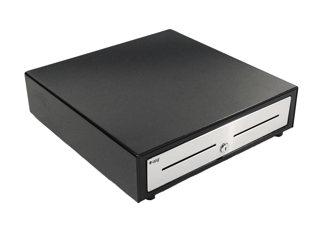 APG VBS320-BL1616 — Vasario Series, STANDARD-DUTY Cash Drawer, Multipro 24V, Black, Stainless Steel Front, 16X16, Dual Media Slots, Fixed 5X5 Till, Requires Cable...