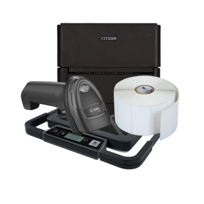 Citizen barcode scanner with label printer and roll of labels on a white background