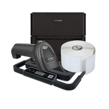 Citizen barcode scanner with label printer and roll of labels on a white background