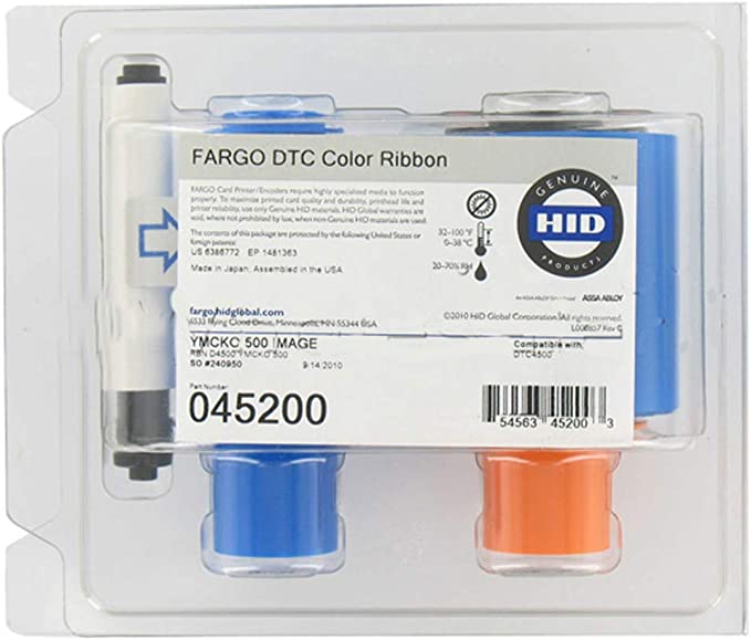 HID Fargo Consumables YMCKO Full-Color With Resin Black And Clear Overlay Panel Ribbon DTC4500 Compatible 500 Images 20 Rolls Per Case Priced Per Roll ('045200)