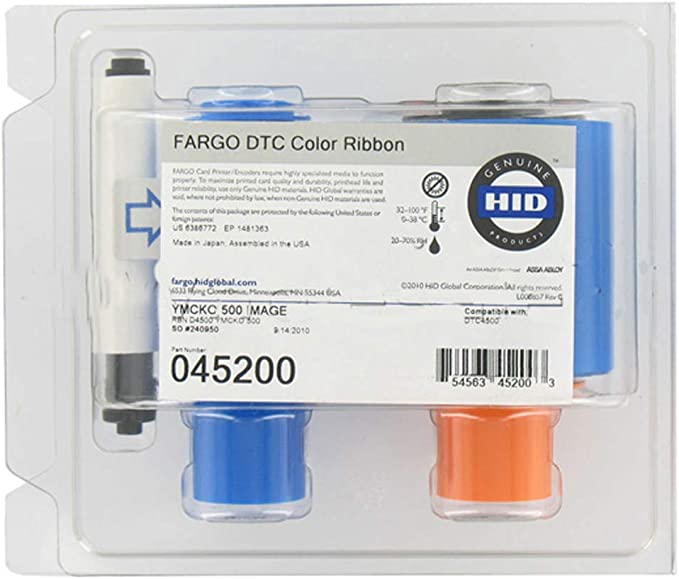 HID Fargo, Consumables, YMCKO Full-Color With Resin Black And Clear Overlay Panel Ribbon, DTC4500 Compatible, 500 Images, 20 Rolls Per Case, Priced Per Roll